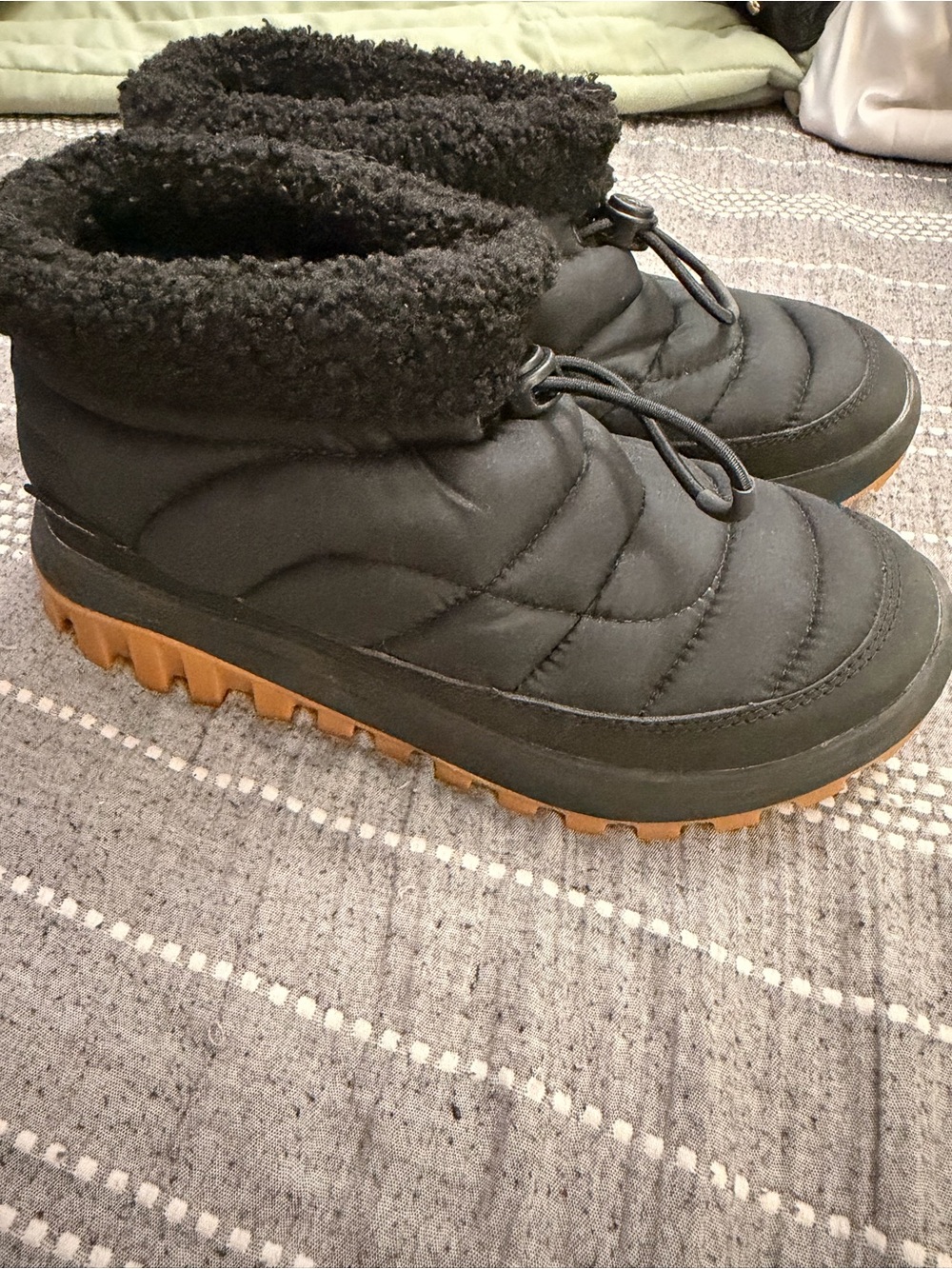 Women's Black Winter Ankle Boots with Brown Tread - Cozy Slip-On